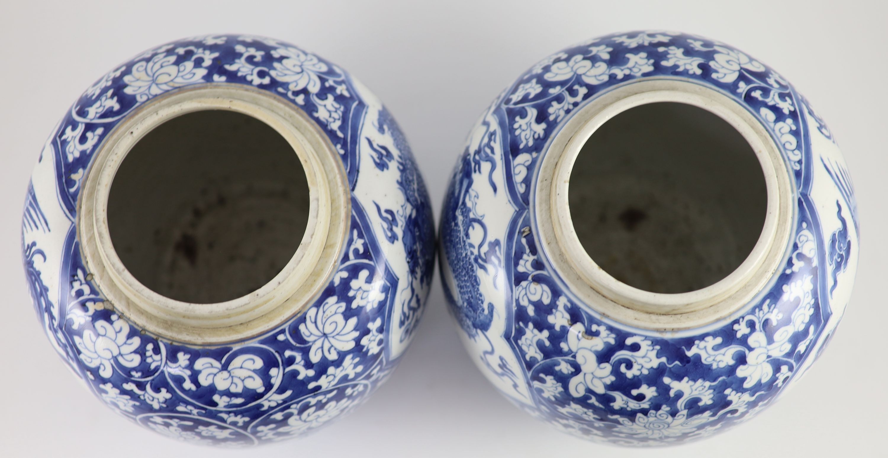 A good pair of Chinese blue and white ‘mythical beast’ jars, Kangxi period, Slight height difference 23 cm and 23.5 cm high